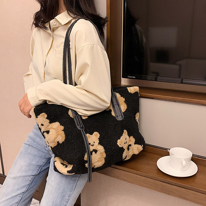 Cute Bear Plush Shoulder Bag Large Tote Handbag